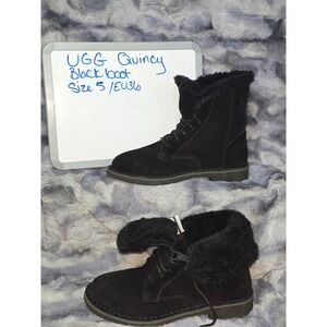 NEW UGG Quincy Black Suede Fur Lined‎ Lace Up Boot Women's Size 5 EU 36